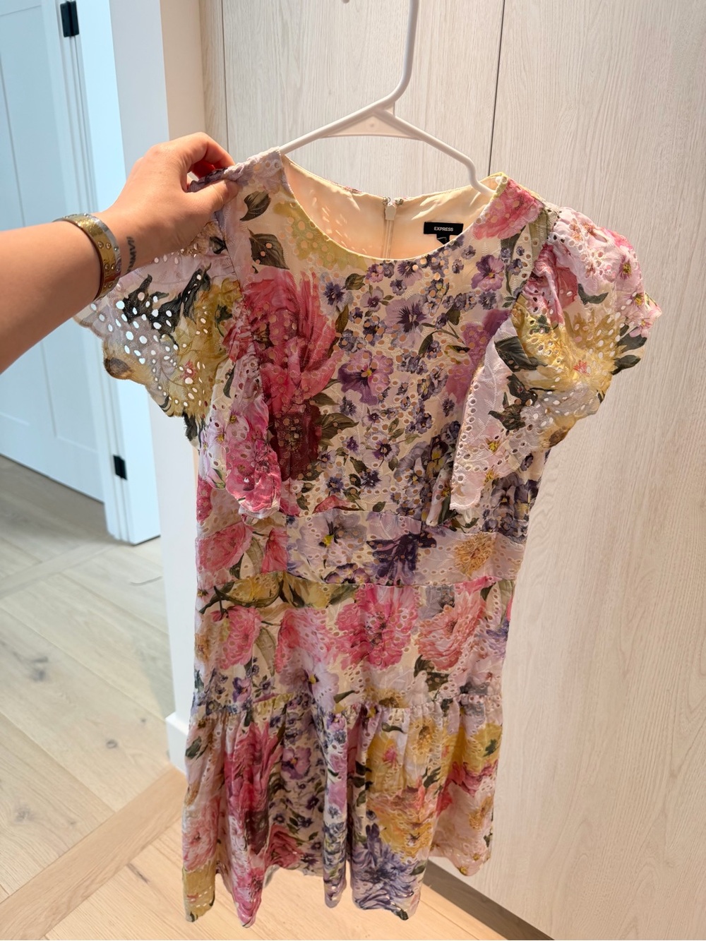 Express Floral Eyelet Short Dress in Pink, Yellow, Purple